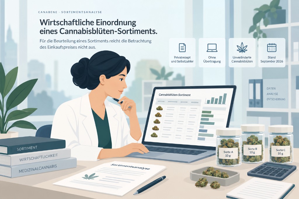 Apothekerin prüft ein Cannabisblüten-Sortiment am Rechner